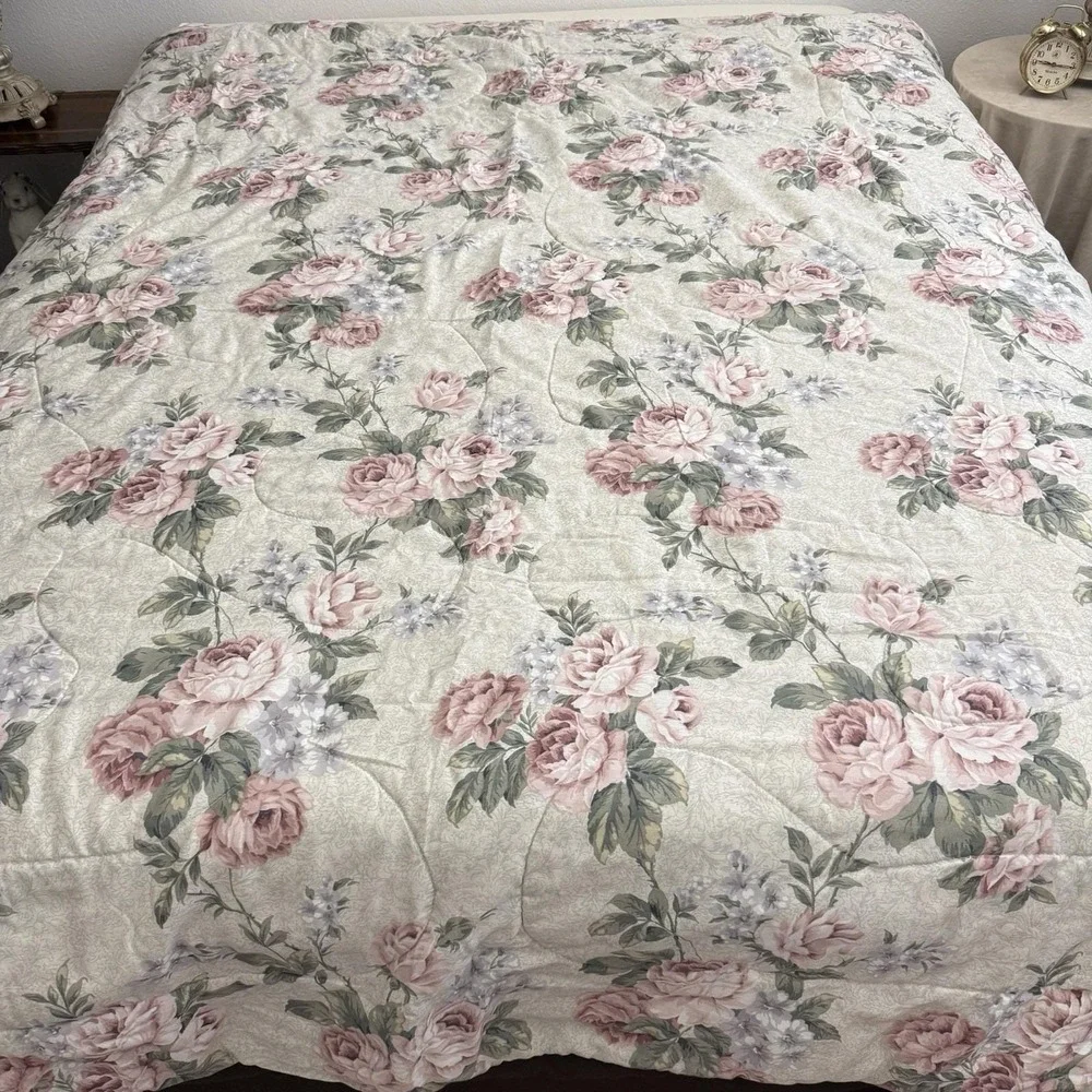 Vintage Bibb Queen Comforter Floral Cabbage Rose Reversible Cottagecore 88x86